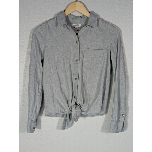 Madewell gray flannel tie-front shirt XS soft cotton button down top J.Crew N93 - Picture 3 of 11